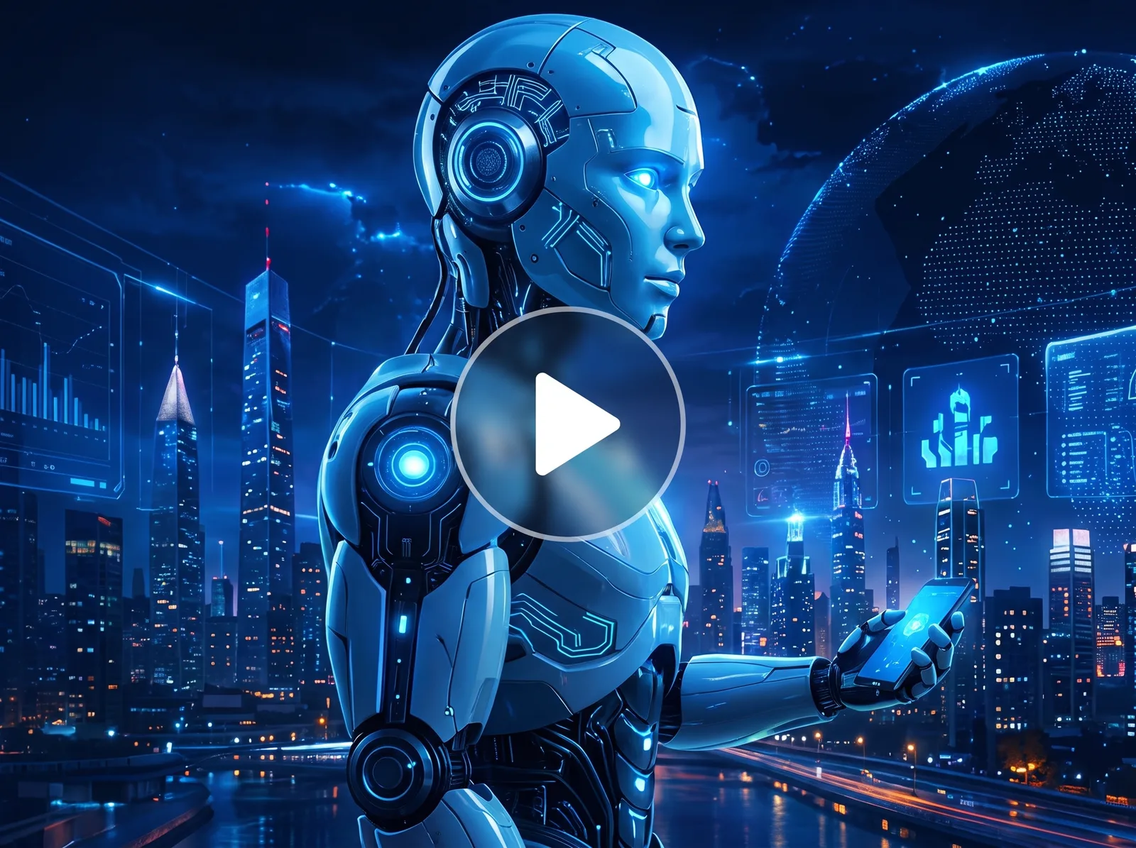 AXAON humanoid robot with a smart device against a futuristic city skyline