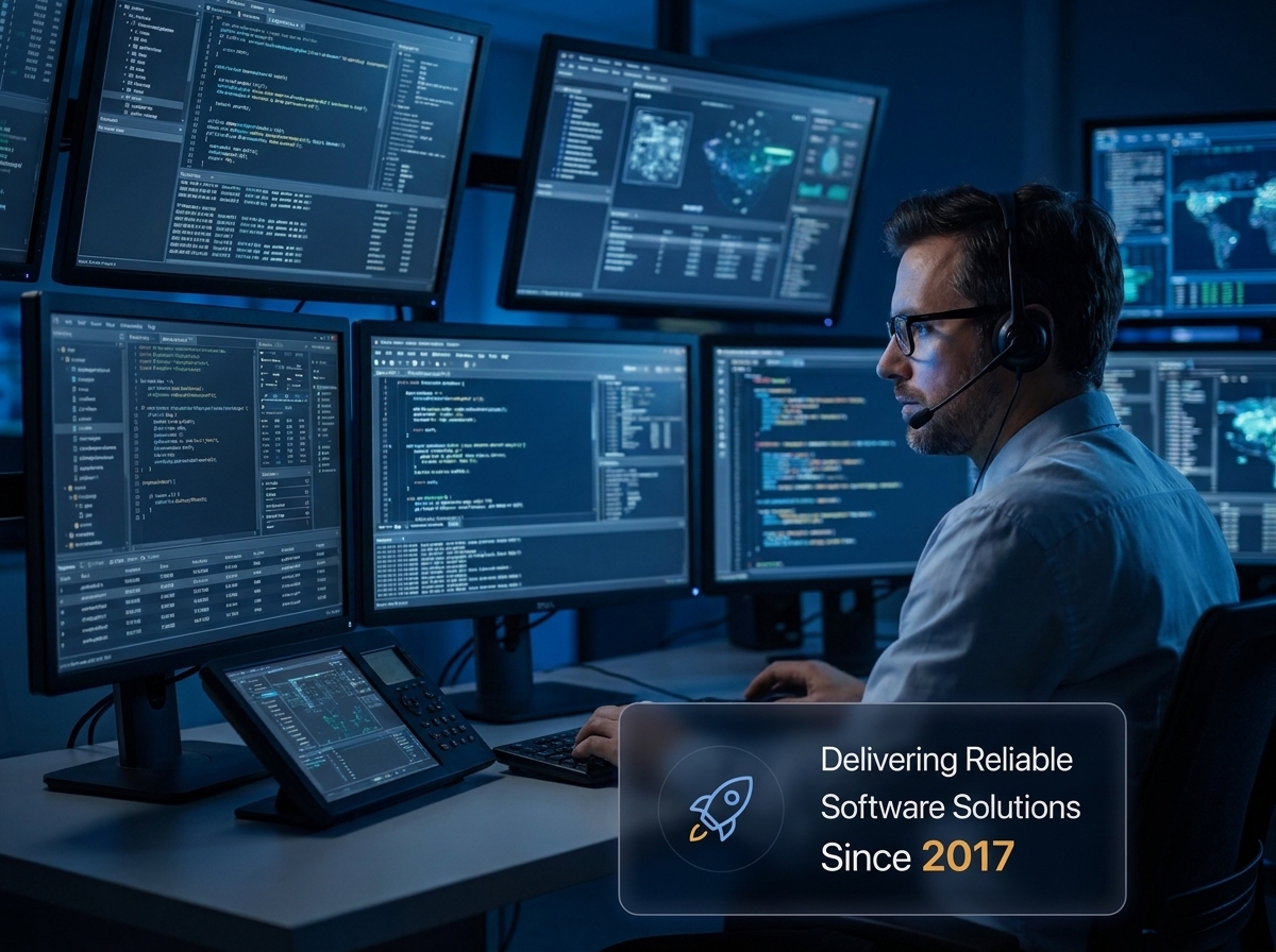 AXAON engineer working across multiple development screens