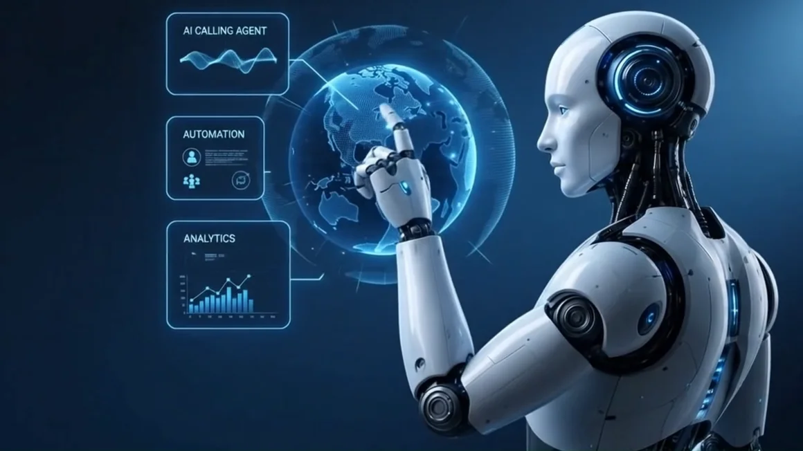 AXAON AI robot interacting with a holographic globe showing AI calling, automation and analytics panels